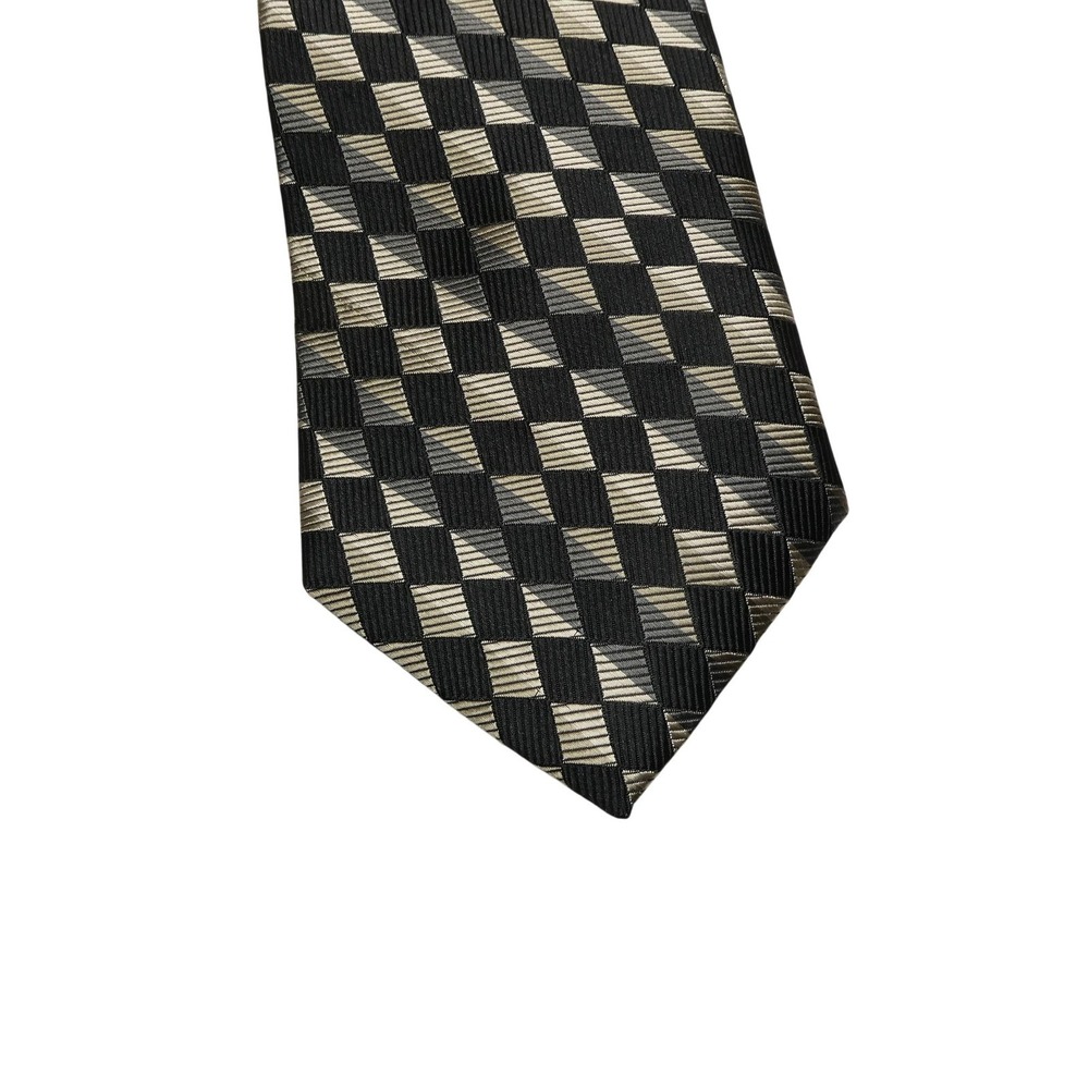 Bachrach Tie Mens One Size Black Gold Checkered Italian Silk Woven Necktie